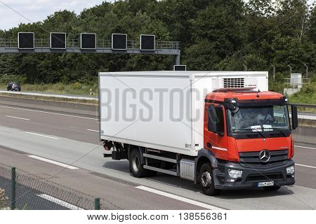FRANKFURT GERMANY - JULY 12 2016: Mercedes Benz Antos Truck on the highway in Germany