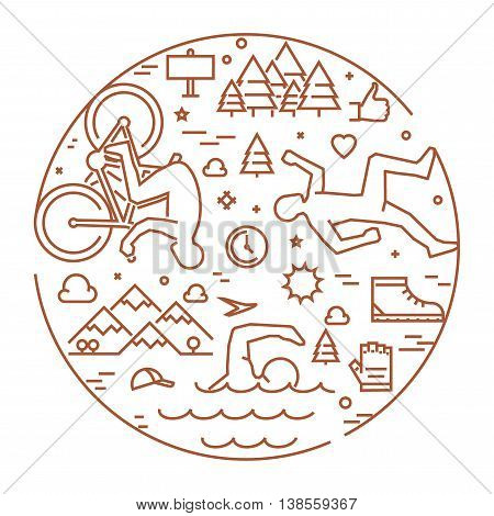 Linear concept for triathlon. Vector line round banner triathlon for web. Open path.