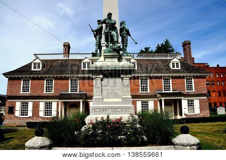 Yonkers New York - August 6 2012: Civil War Memorial commemorates the 1861-65 war between the States on the front lawn of 17th century Philipe Manor
