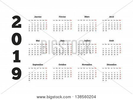 2019 year simple calendar on french language isolated on white