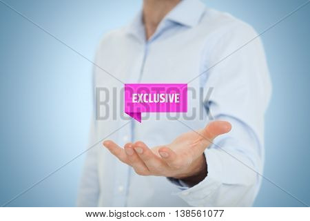 Exclusive offer and exclusivity business model. Businessman hold virtual label with text exclusive.