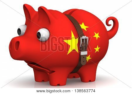 China's economic crisis. Tightened with a strap pig piggy bank with bulging eyes in the color of the Chinese flag on a white surface. The concept of economic crisis in China. Isolated. 3D Illustration