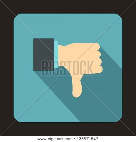 Thumb down gesture icon in flat style on a baby blue background