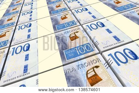 Swedish kronor bills stacks background. 3D illustration.