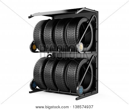 Summer and winter tires set for sale at a tire store. 3d image isolated on a white background.