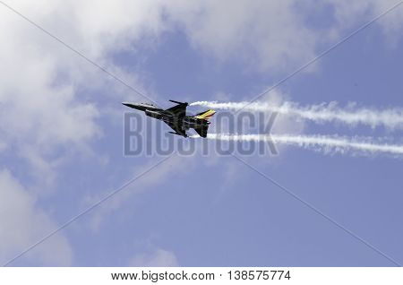 Aerobatic F16 smoke wings Athens Greece Tatoi airport 2015 Sep