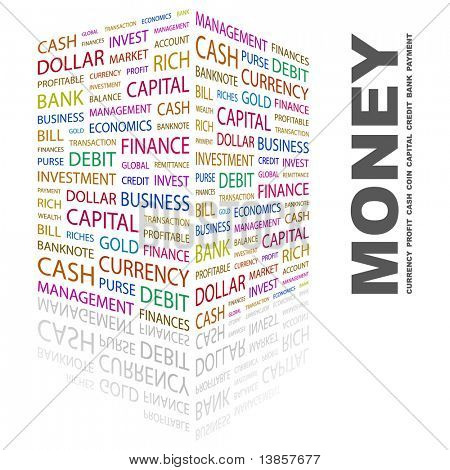 GELD. Wort-Collage auf weißem Hintergrund. Vektor-Illustration. Abbildung mit verschiedenen Silja