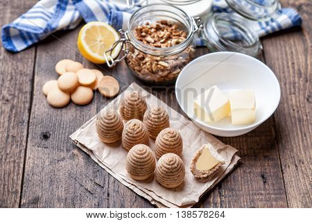 Traditional Bee Nest Cake On Wooden Background