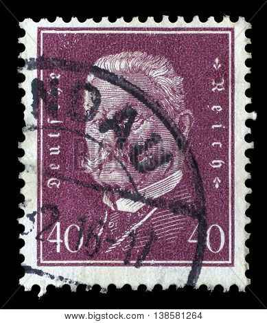 ZAGREB, CROATIA - JUNE 22: A stamp printed in the German Reich shows Paul von Hindenburg (1847-1934), 2nd President of the German Reich, circa 1928, on June 22, 2014, Zagreb, Croatia