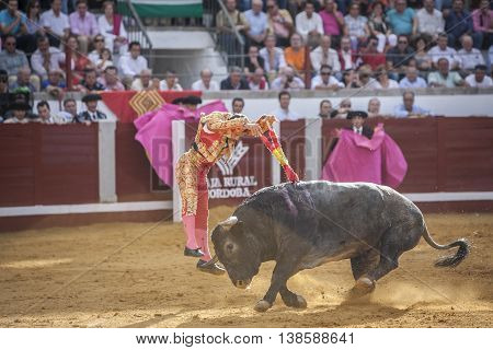Pozoblanco Spain - September 24 2011: The Spanish Bullfighter Antonio Ferrera putting flags during a bullfight in the Bullring of Pozoblanco Spain