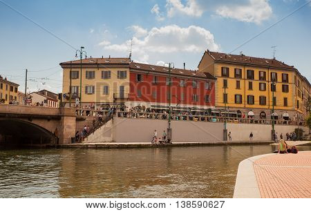 MILAN ITALY - JUNE 05: View of Darsena wet dock in Milan on June 05 2016