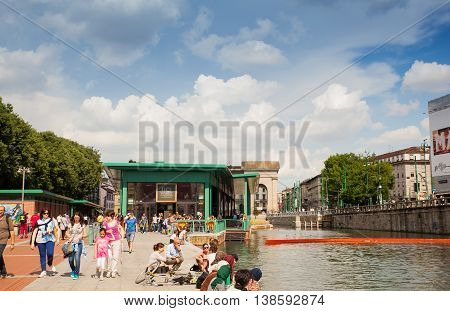 MILAN ITALY - JUNE 05: View of Darsena wet dock in Milan on June 05 2016