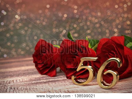 birthday concept with red roses on wooden desk. 3D render - fifty-sixth birthday. 56th
