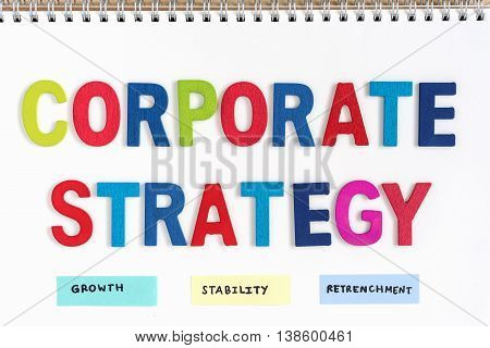 colorful letters wood words corporate strategy growth stability retrenchment on open notebook top view business concept