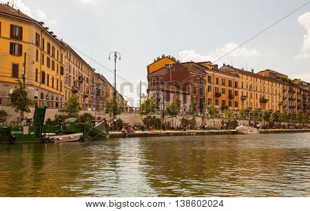 MILAN ITALY - JUNE 05: View of Darsena wet dock in Milan on June 05 2016