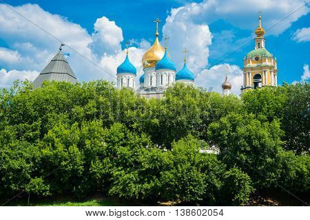 Novospassky Monastery With Golden Dome On The Blue Sky Background. Moscow. Russia.