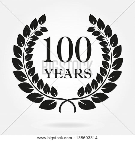 100 years anniversary laurel wreath sign or emblem. Template for celebration and congratulation design. Vector 100th anniversary label isolated on white background.