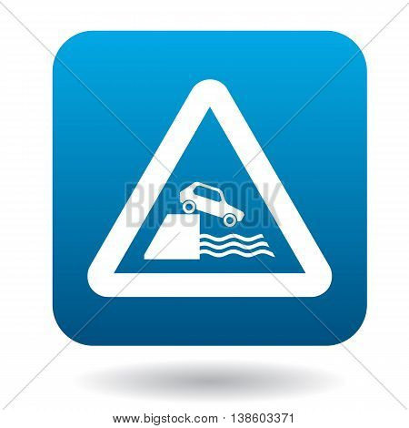 Sign in front of cliff icon in simple style in blue square. Rules of the road symbol