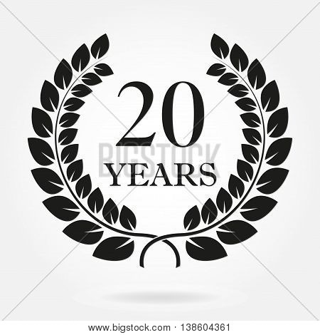 20 years anniversary laurel wreath sign or emblem. Template for celebration and congratulation design. Vector 20th anniversary label isolated on white background.