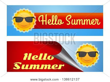 Hello summer lettering. Set of colorful banners with a cute smiling sun wearing sunglasses and inscription - Hello Summer. Vector illustration