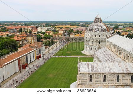 Pisa Italy - June 29 2015: View from Leaning Tower to Cathedral and Baptisery of St. John