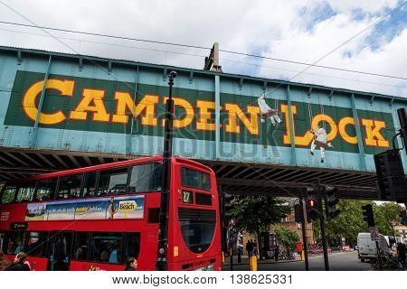 London, England - July 8, 2016: Camden Lock sign at the entrance to Camden market, a famous tourist and locals hanging spot.