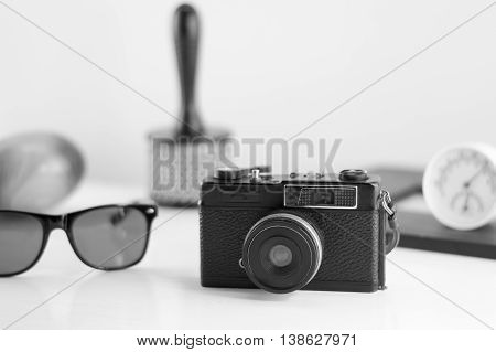 group of old traveler accessories and lifestyle on white background