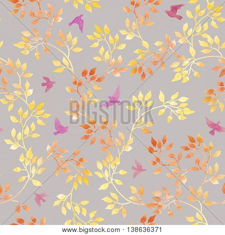 Autumn leaves and cute birds. Water color autumn seamless pattern in naive design