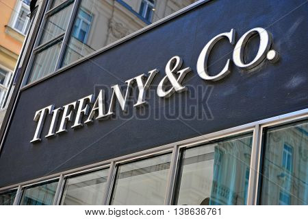VIENNA AUSTRIA - JUNE 6 2016: Logotype of Tiffany and Co flagship store in Vienna on June 6 2015. Tiffany&Co is an American worldwide luxury jewelry and specialty retailer.