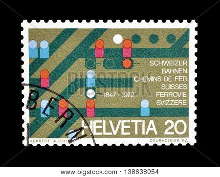 SWITZERLAND - CIRCA 1972 : Cancelled postage stamp printed by Switzerland, that shows Adjustment table showing railway tracks.