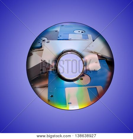 Dvd or cd and old floppy disk inside on blu background