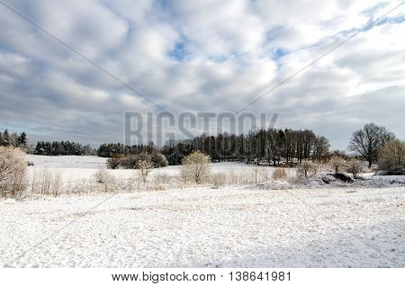 Winter Snow in Countryside European Farmland After Snowfall