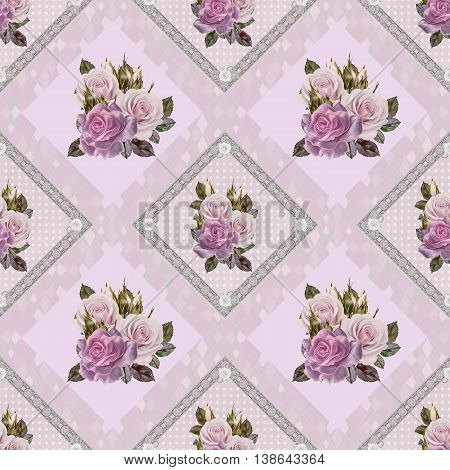 Pattern seamless. Old style. Bouquet of flowers and pastel pink roses. Floral background. Fine weaving lace mosaic. Damascus ornament