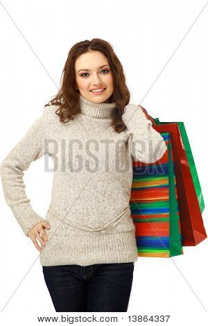 여러 shoppingbag를 들고 젊은 여자의 초상화