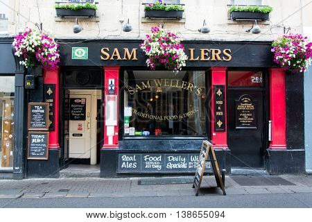 BATH SOMERSET UK - JULY 15 2016
Sam Weller's Public House. Pub on Upper Borough Walls in the UNESCO World Heritage City of Bath in Somerset England