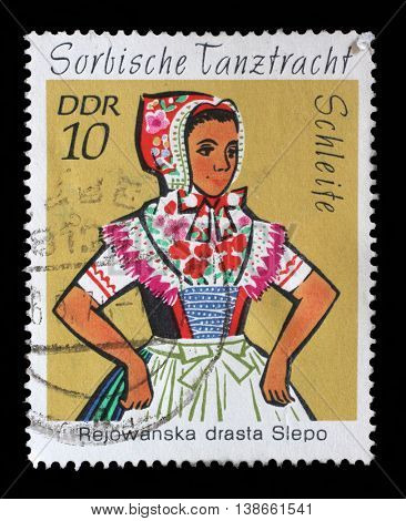ZAGREB, CROATIA - JULY 03: a stamp printed in GDR shows Sorbian Dance Costume, Hoyerswerda, circa 1971, on July 03, 2014, Zagreb, Croatia
