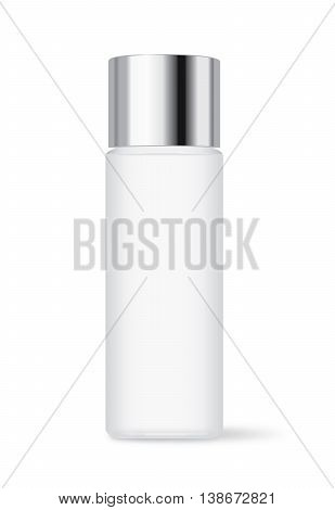 Cosmetic bottle with silver cap isolated on white background. Ideal for facial cleansing packaging and lotion and skincare or other.