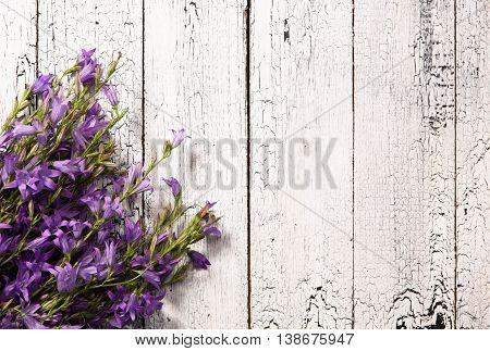 Blooming lilac flowers on the old wooden table. Purple lilacs flowers over white wooden background. Beautiful flowers represented on left with copy space.