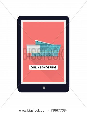 Shopping centre web page template on mobile device. Flat design. Illustration for web design, app icons, online shopping banners. Shop, shopping center, mall, supermarket, business center on screen