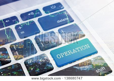 OPERATION : Green button keyboard computer. Double Exposure Effects. Digital Business and Technology Concept.