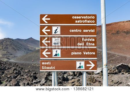MOUNT ETNA ITALY - MAY 23: Notice board on Mount Etna on May 23 2016 at the island Sicily Italy