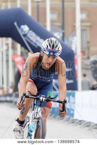 STOCKHOLM - JUL 02 2016: Closeup of triathlete cyclist Angelica Olmo Italy in the Women's ITU World Triathlon series event July 02 2016 in Stockholm Sweden
