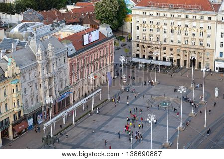 ZAGREB, CROATIA - APRIL 26th, 2016: View from above of Ban Jelacic Square in Zagreb, Croatia