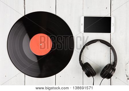 Vintage Record Lp, Smartphone And Headphones