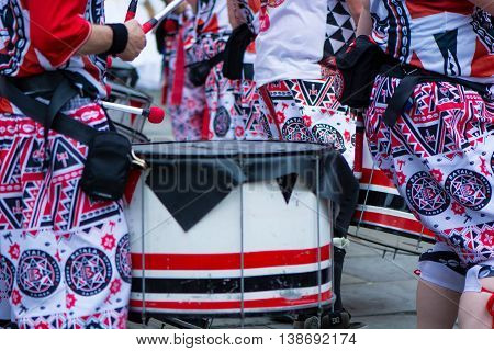 BATH SOMERSET UK - JULY 16 2016
Batala drums and costumes. Bath Carnival procession around the streets of the city of Bath bringing a South American festival atmosphere to Somerset