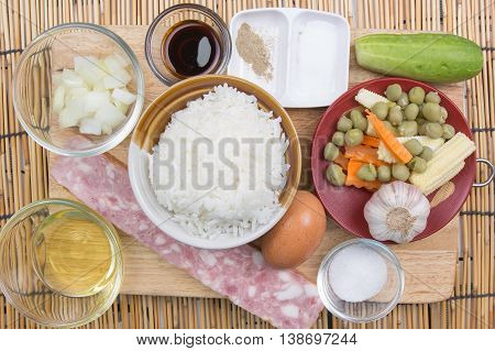 Ingredient of bacon fire rice / cooking fire rice concept