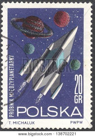 MOSCOW RUSSIA - JANUARY 2016: a post stamp printed in POLAND shows a future interplanetary spacecraft the series 