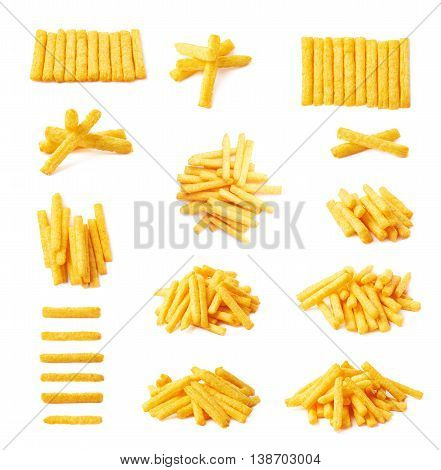 Cheese puff stick corn snack isolated over the white background, set of multiple different foreshortenings