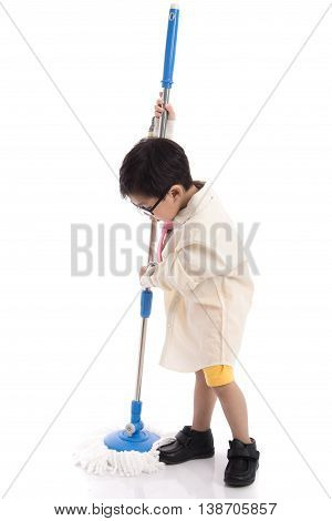 Little asian child pretending to be unemployed man on white background isolated