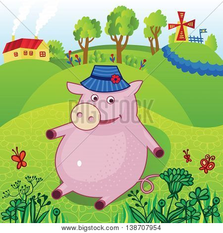 Cartoon pig in a hat sits on the background of a country landscape with a mill